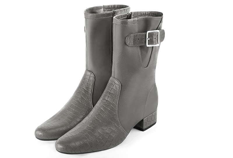 Ash grey women's ankle boots with buckles on the sides. Round toe. Low block heels. Front view - Florence KOOIJMAN